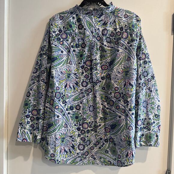 Talbots Floral Top Blue Ruffled Mandarin Collar Button Front Long Sleeve Sz 1X - Picture 5 of 5